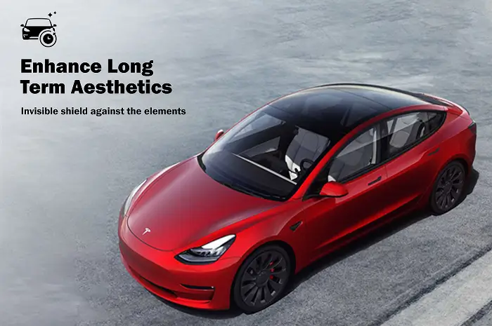 Overhead view of a red Tesla Model 3 with glossy paint, parked near a waterfront, accompanied by the text "Enhance Long Term Aesthetics – Invisible shield against the elements."