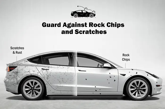 Tesla Model 3 showing one side damaged with rock chips, scratches, and rust, and the other side protected and clean, demonstrating the benefits of paint protection film.