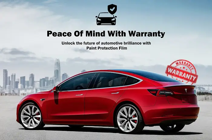 Side view of a red Tesla Model 3 with a glossy finish, parked in front of a city skyline, with the text "Peace of Mind With Warranty" and a red warranty badge overlay.