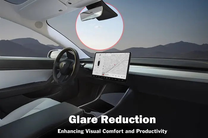 Interior of a Tesla with a large touchscreen display, highlighting reduced glare from the sun through tinted windows, with text that reads "Glare Reduction – Enhancing Visual Comfort and Productivity."