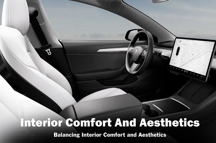 Interior of a Tesla featuring white seats and a central touchscreen, with tinted windows providing a clean look and added comfort. Text overlay reads “Interior Comfort And Aesthetics – Balancing Interior Comfort and Aesthetics.”