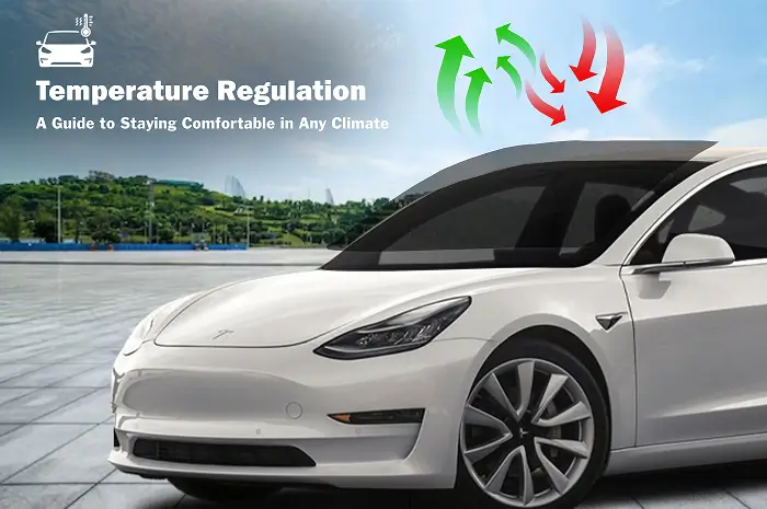 White Tesla Model 3 with tinted windows and colored arrows showing heat being blocked and cool air retained, paired with text that reads “Temperature Regulation – A Guide to Staying Comfortable in Any Climate.”