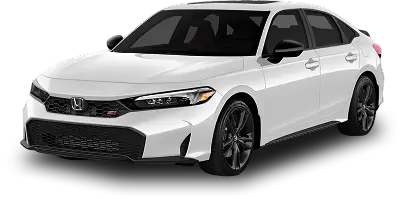 White Honda Civic sedan with dark-tinted windows, black wheels, and a sporty front grille, viewed from the front-side angle.