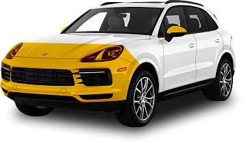 Porsche SUV with yellow sections highlighting partial paint protection film coverage on the front bumper, mirrors, and front fenders.