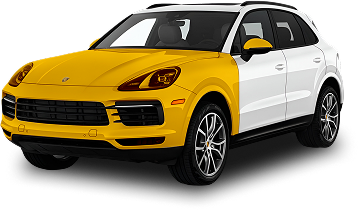 Porsche SUV with yellow paint protection film coverage shown on the full front section including the hood, bumper, mirrors, and front fenders.