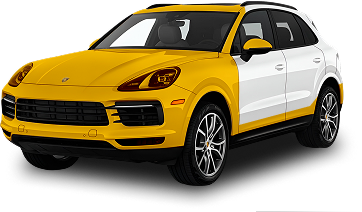 Porsche SUV with yellow paint protection film coverage extending over the entire front end, including hood, bumper, mirrors, fenders, and headlights.