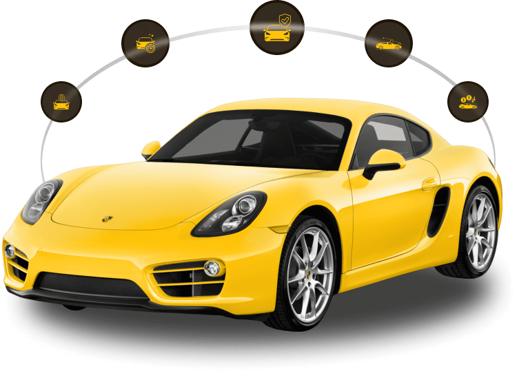 Yellow Porsche with icons above it representing benefits of paint protection film, such as durability, security, resale value, and self-healing.