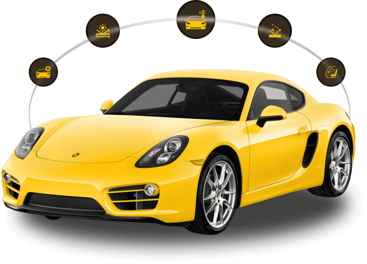 Bright yellow sports car with dark tinted windows, surrounded by icons highlighting benefits like UV protection, paint protection, safety, privacy, and glare reduction.