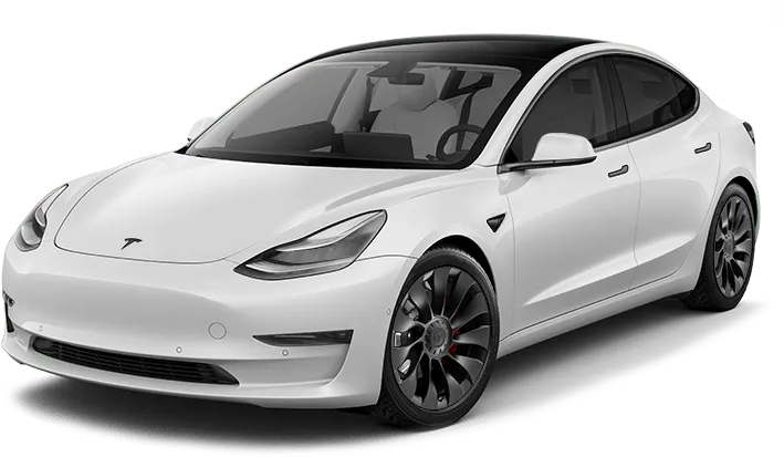 Front-side view of a white Tesla Model 3 with black alloy wheels, dark tinted windows, and a panoramic glass roof, set against a transparent background.