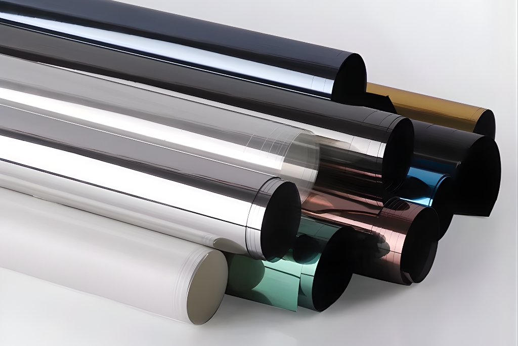 Assorted rolls of home window tint film in various shades and finishes, including reflective, frosted, bronze, and clear options, representing different functions like solar control, privacy, and security.